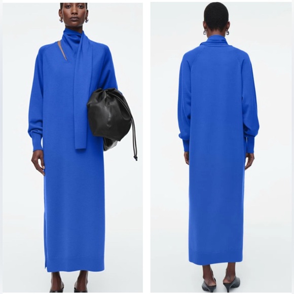 COS Dresses & Skirts - Cos Blue 100% Wool Knit Maxi Sweater Dress Scarf Neck M Quiet Luxury Minimalist